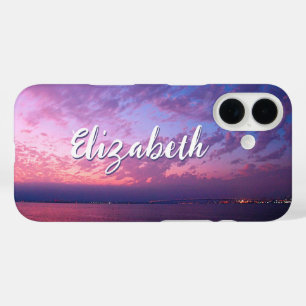 Coques iPhone 16 Purple Pink Ocean Sunset Nom de la photo Script él