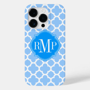 Coque Pour iPhone 14 Pro Quatrefoil Bleu clair et Motif blanc Monogramme