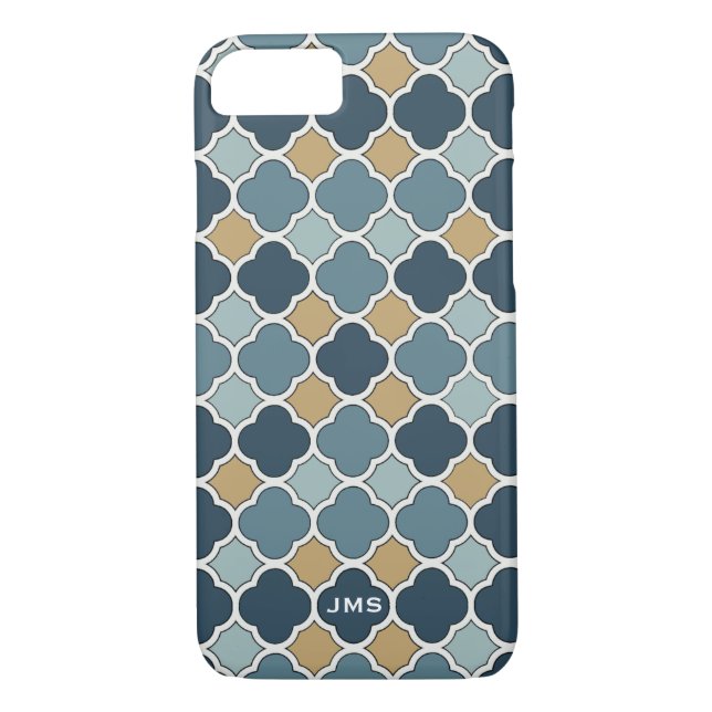 Coques Case-Mate iPhone Quatrefoil bleu et tan Triple Monogram iPhone 7 (Dos)