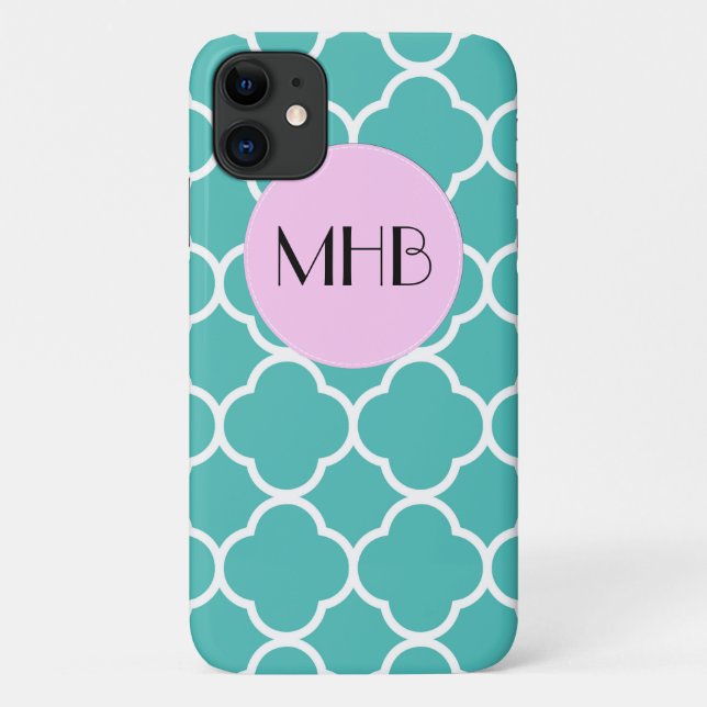 Coques Case-Mate iPhone Quatrefoil bleu, Trellis marocain, Monogramme (Dos)