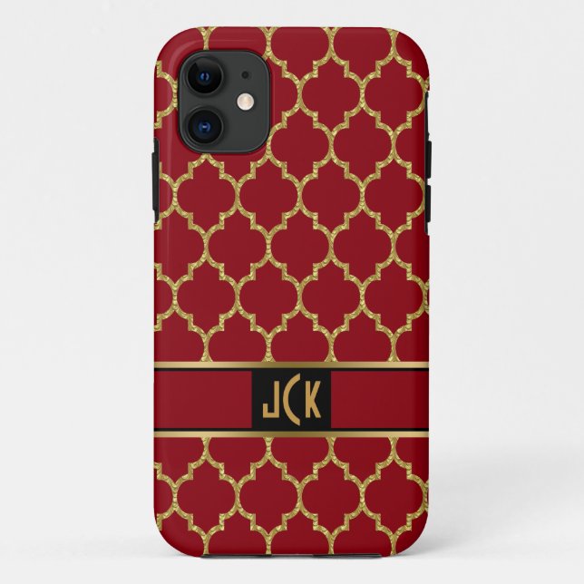 Coques Case-Mate iPhone Quatrefoil géométrique monogramme or et bordeaux 2 (Dos)