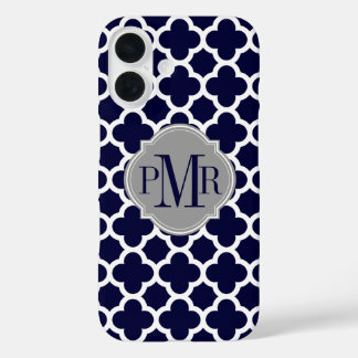 Coque Pour iPhone 16 Quatrefoil Marine Bleu Blanc Motif gris Monogramme