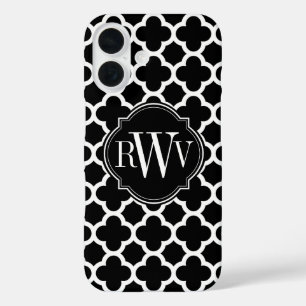 Coques iPhone 16 Quatrefoil Motif noir et blanc Monogramme