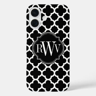 Coques iPhone 16 Quatrefoil Motif noir et blanc Monogramme