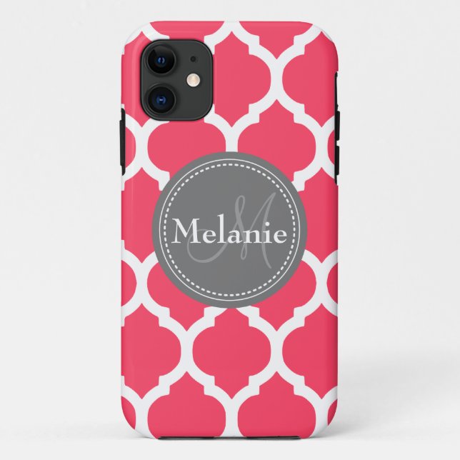 Coques Case-Mate iPhone Quatrefoil rose et gris monogramme (Dos)
