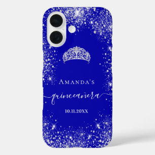 Coque Pour iPhone 16 Quinceanera royal bleu argent parties scintillant 