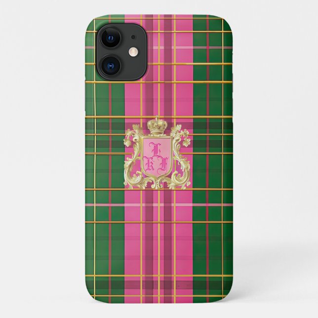 Coques Case-Mate iPhone Raffiné monogramme rose et vert plaid (Dos)