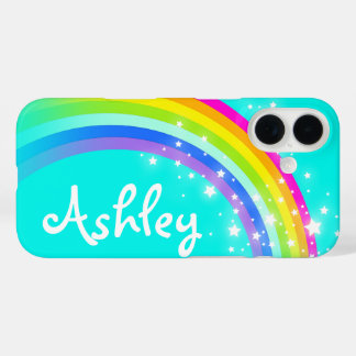 Coques iPhone 16 Rainbow aqua ciel coloré nom personnalisé
