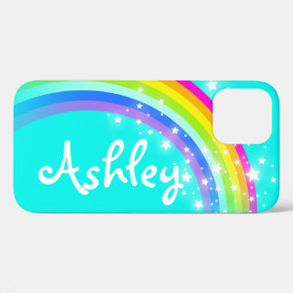 Coque iPhone 12 Pro Rainbow stars aqua ciel brillant nom personnalisé