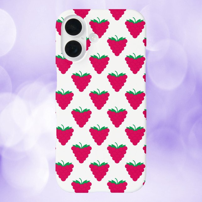 Coques Case-Mate iPhone Raspberry Pink Fruit Berry Pattern (A phone case with a pattern of pink raspberries with green stems.)