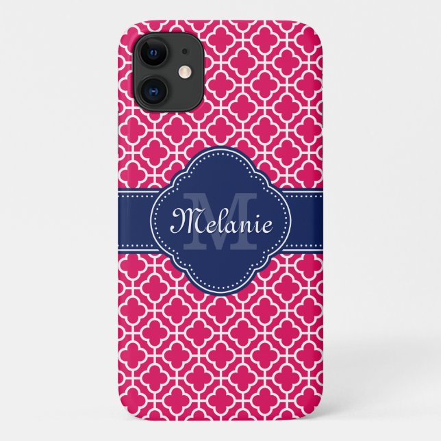 Coques Case-Mate iPhone Raspberry Rose Wht Marocain Motif Marine Monogramm (Dos)