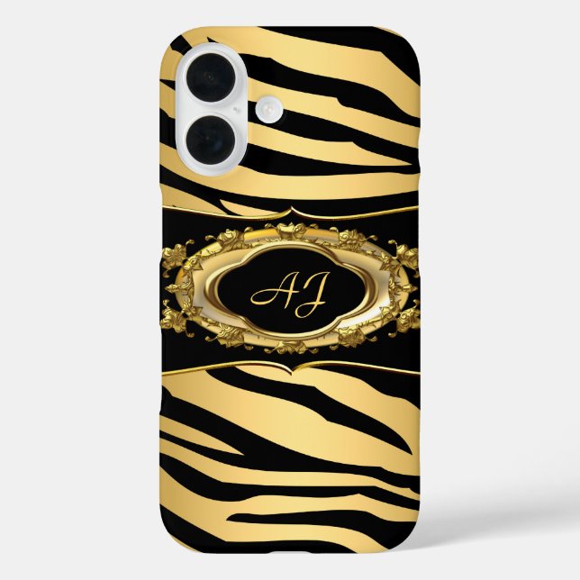 Coques Case-Mate iPhone Rayure de zèbre monogrammée noir orné or (Verso)