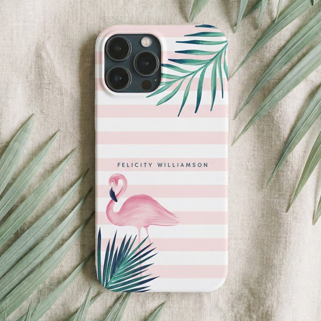 Coques Case-Mate iPhone Rayure rose et blanche de paume de Flamant rose (Tropical Palm Pink Flamingo Pink & White Stripe Case-Mate iPhone Case)