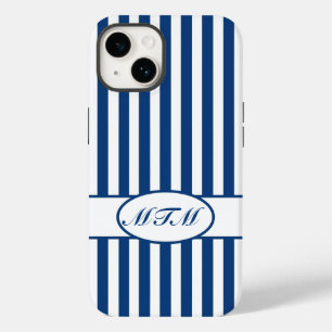 Coque Pour iPhone 14 Rayures automnales bleues avec le monogramme