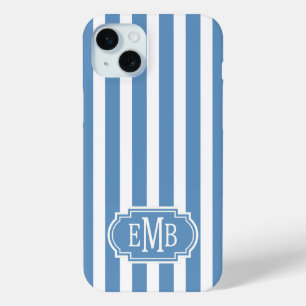 Coque Case-Mate iPhone Rayures Bleues et Blanches Monogrammées