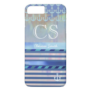 Coques Pour iPhone rayures bleues, nom/initiales & ancres