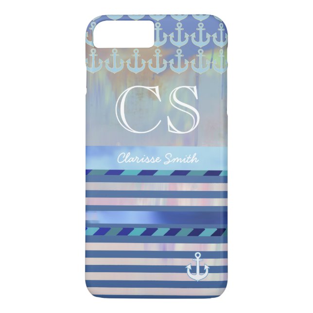 Coques Case-Mate iPhone rayures bleues, nom/initiales & ancres (Dos)
