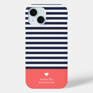 Coque Case-Mate iPhone Rayures chic bleu marine et corail Monogramme cœur