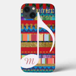 iPhone 13 Case rayures colorées, note de musique & initiale