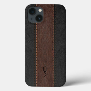 iPhone 13 Coque Rayures En Cuir Brown Et Noir