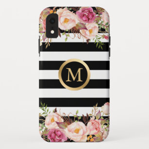 Coque Pour iPhone XR Rayures florales Girly de blanc de noir de