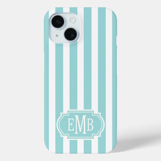 Coques Case-Mate iPhone Rayures Monogrammées Aqua et Blanc (Verso)
