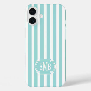 Coque Pour iPhone 16 Plus Rayures Monogrammées Aqua et Blanc
