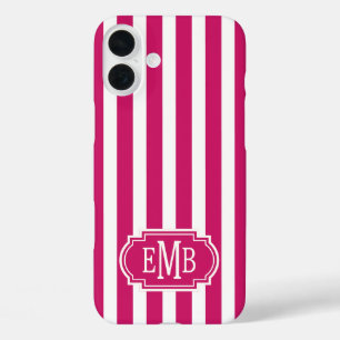 Coque Pour iPhone 16 Plus Rayures monogrammées Berry et blanc