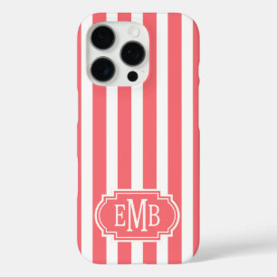 Coque iPhone 16 Pro Rayures Monogrammées Corail et Blanc