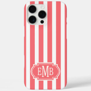 Coque iPhone 16 Pro Max Rayures Monogrammées Corail et Blanc