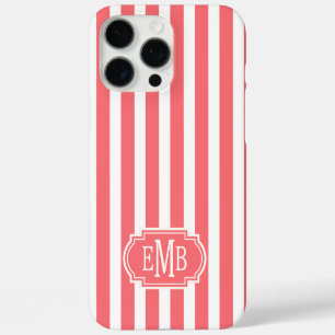 Coque iPhone 16 Pro Max Rayures Monogrammées Corail et Blanc