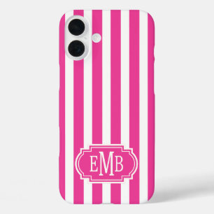Coque Pour iPhone 16 Plus Rayures Monogrammées Rose Chaud et Blanc