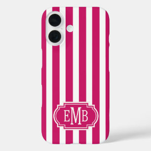 Coque Pour iPhone 16 Rayures monogrammes Berry et blanc
