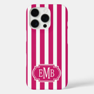 Coque iPhone 16 Pro Rayures monogrammes framboise et blanc