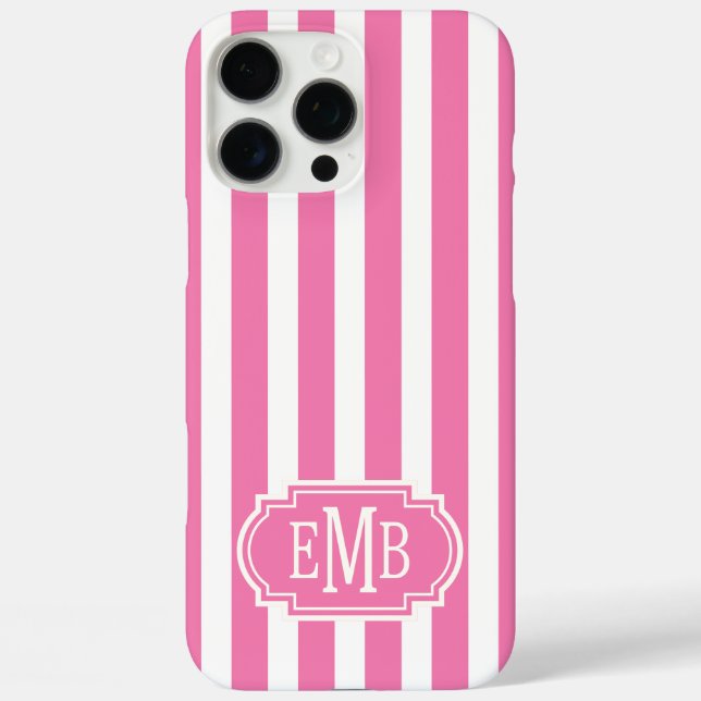Coques Case-Mate iPhone Rayures monogrammes roses et blanches (Verso)