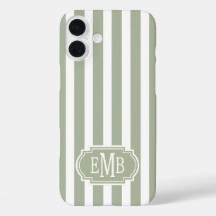 Coque Pour iPhone 16 Plus Rayures monogrammes vert sauge et blanc