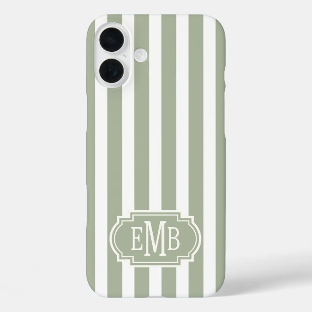 Coques Case-Mate iPhone Rayures monogrammes vert sauge et blanc (Verso)