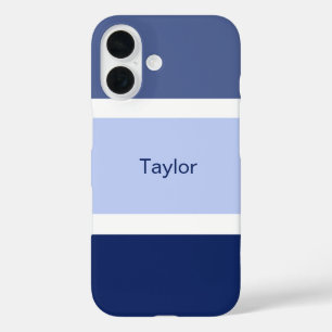 Coque Pour iPhone 16 Rayures Nautiques Bleu et Blanc Personnalisées