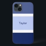Case-Mate iPhone Case Rayures Nautiques Personnalisées Bleu et Blanc<br><div class="desc">Vous allez adorer cette coque de téléphone portable aux couleurs nautiques élégantes avec un motif de rayures bleues et blanches. Plusieurs nuances de grandes rayures bleues et de petites rayures blanches. Personnalisé avec votre nom imprimé en texte bleu.</div>