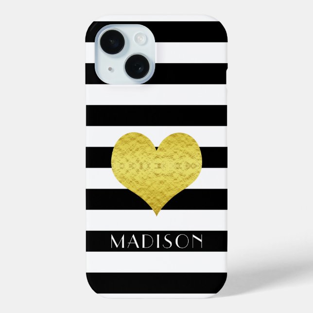 Coques Case-Mate iPhone Rayures Noir Et Blanc Modernes Nom Cœur Doré (Verso)