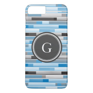 Coque iPhone 7 Plus Rayures noir gris bleu Cool Monogram personnalisé