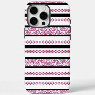 Coque iPhone 16 Pro Max Rayures noires et blanches avec motif floral magen