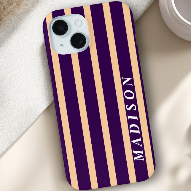 Coques Case-Mate iPhone Rayures personnalisées Beige Violet foncé (Custom Stripes Beige Dark Purple Case-Mate iPhone Case)