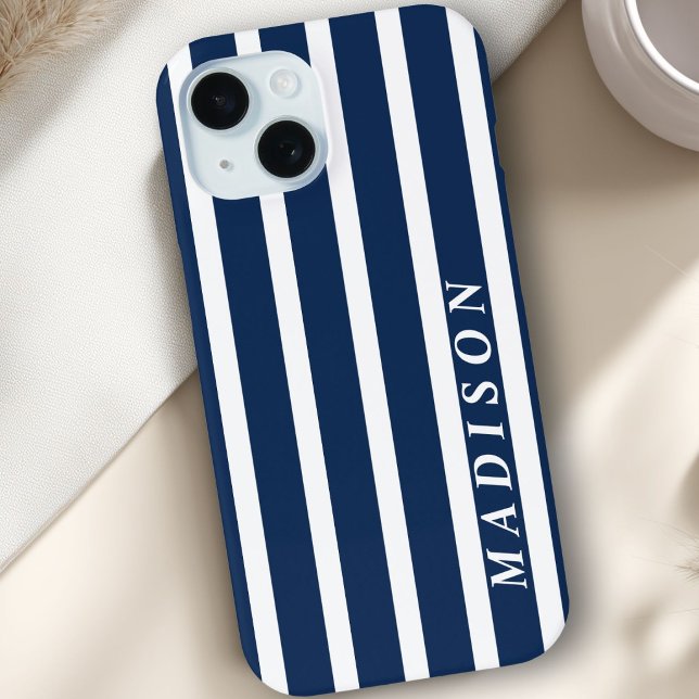 Coques Case-Mate iPhone Rayures personnalisées Bleu marine Blanc (Custom Stripes Navy Blue White Case-Mate iPhone Case)