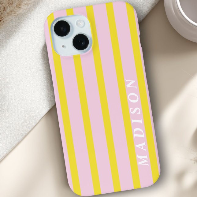 Coques Case-Mate iPhone Rayures Personnalisées Jaune Rose (Custom Stripes Yellow Pink Case-Mate iPhone Case)