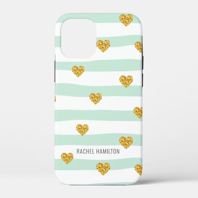 Coques Case-Mate iPhone Rayures vertes et blanches Cœurs dorés Nom personn (Verso)