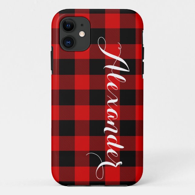 Coques Case-Mate iPhone Red Black Buffalo Check Nom de la plaque Monogram  (Dos)