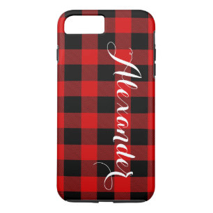 Coque iPhone 8 Plus/7 Plus Red Black Buffalo Check Nom de la plaque Monogram 