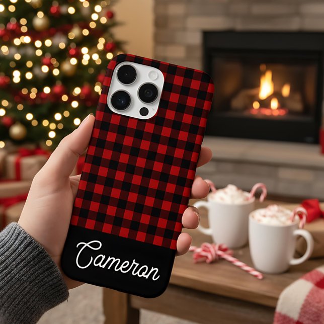 Coques Case-Mate iPhone Red & Black Buffalo Plaid Custom Name (Créateur téléchargé)