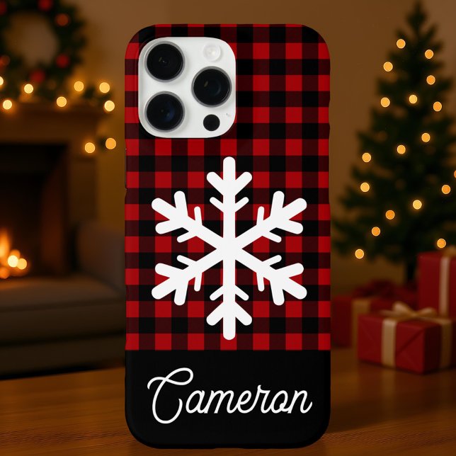 Coques Case-Mate iPhone Red & Black Plaid with Snowflake Custom Name (Créateur téléchargé)